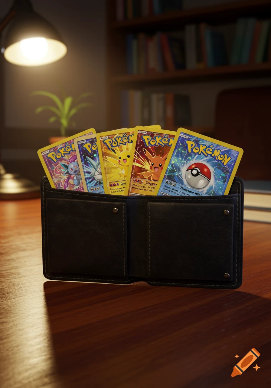 Several colorful Pokemon trading cards fanned out in a black wallet on a wooden desk.