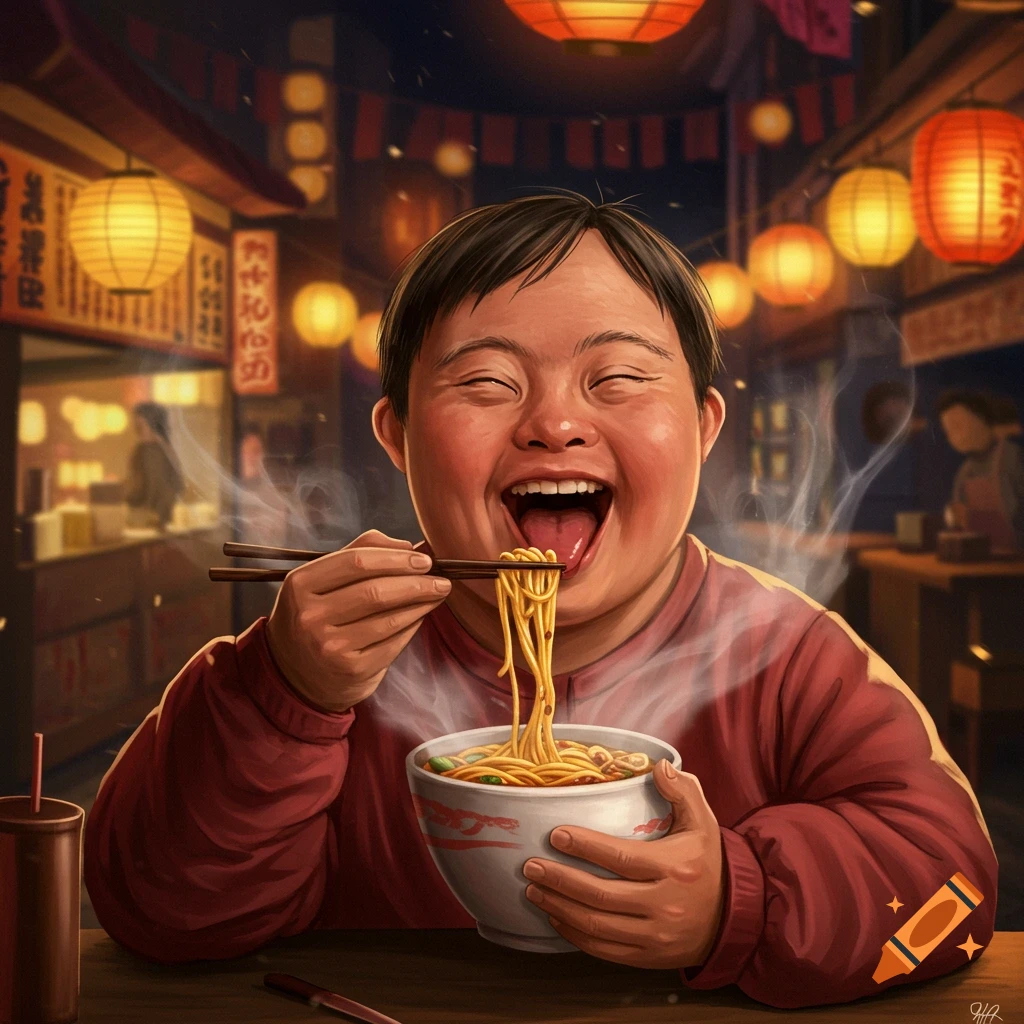 A joyful child with Down syndrome happily eats steaming noodles with chopsticks at a vibrant Asian night market.