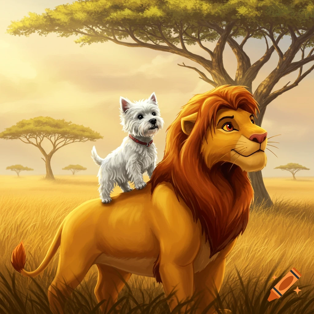 A white West Highland Terrier sits atop a cartoon lion (Simba) in a golden savanna landscape.