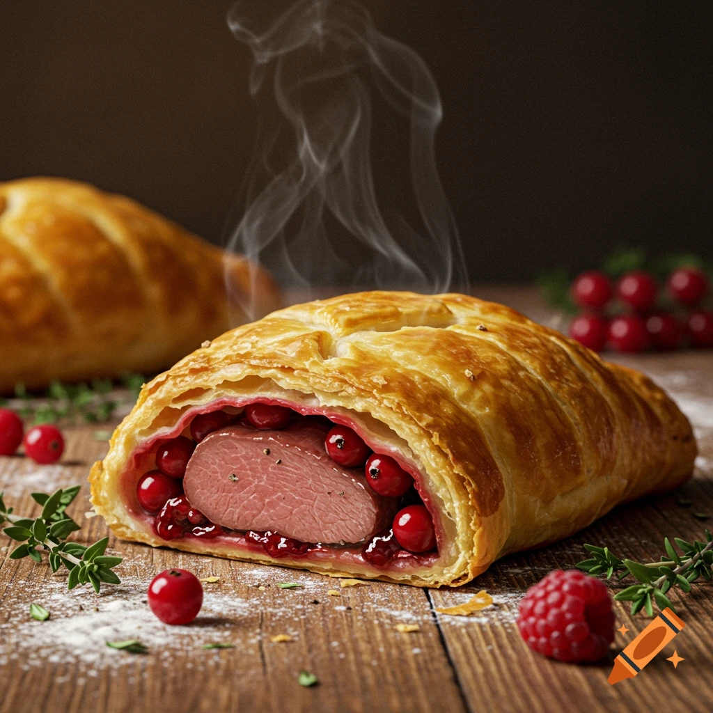 A golden brown puff pastry, sliced open, revealing a cooked cut of meat surrounded by red cranberries and sauce, with steam rising. It rests on a wooden table with scattered herbs and berries.