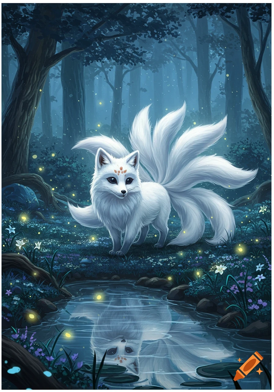 A white nine-tailed fox with red markings stands by a pond in a magical, dark fantasy forest lit by fireflies.