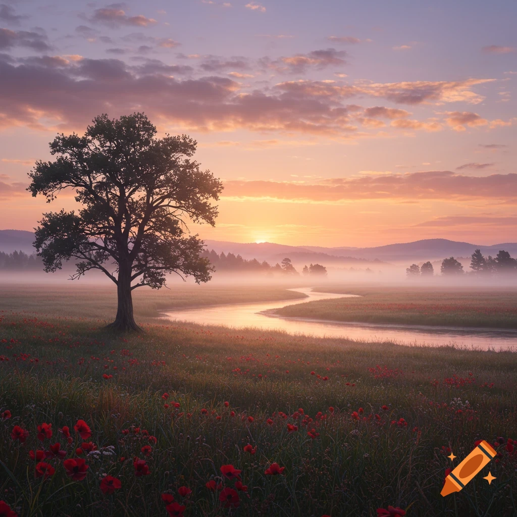 Photorealistic landscape of a winding river through a misty field of red poppies at sunset, with a large tree.