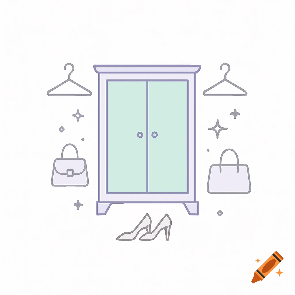 Minimalist icon of a light lavender and mint green closet surrounded by grey hangers, handbags, and high heels.