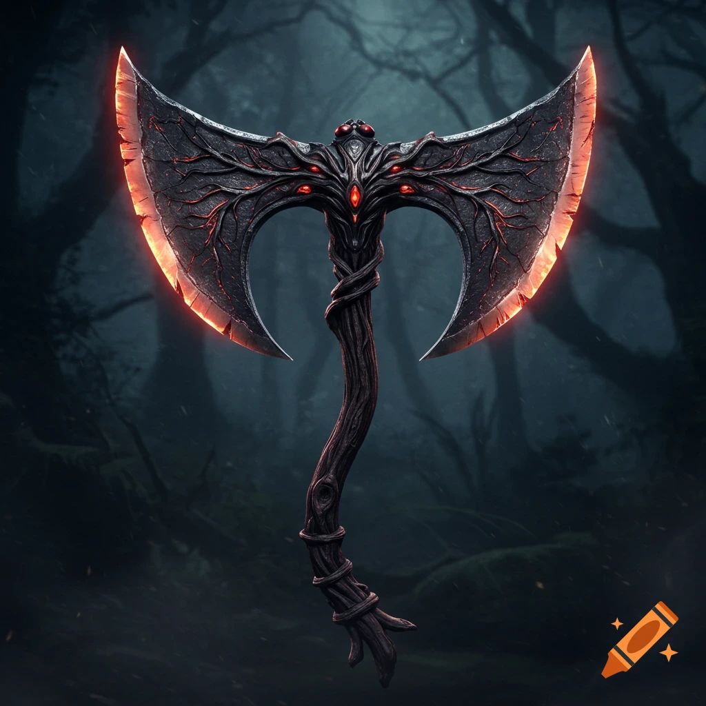 Highly detailed dark fantasy battle axe with glowing red-orange blades, a gnarled wood handle, and intricate, root-like metalwork against a dark forest background.
