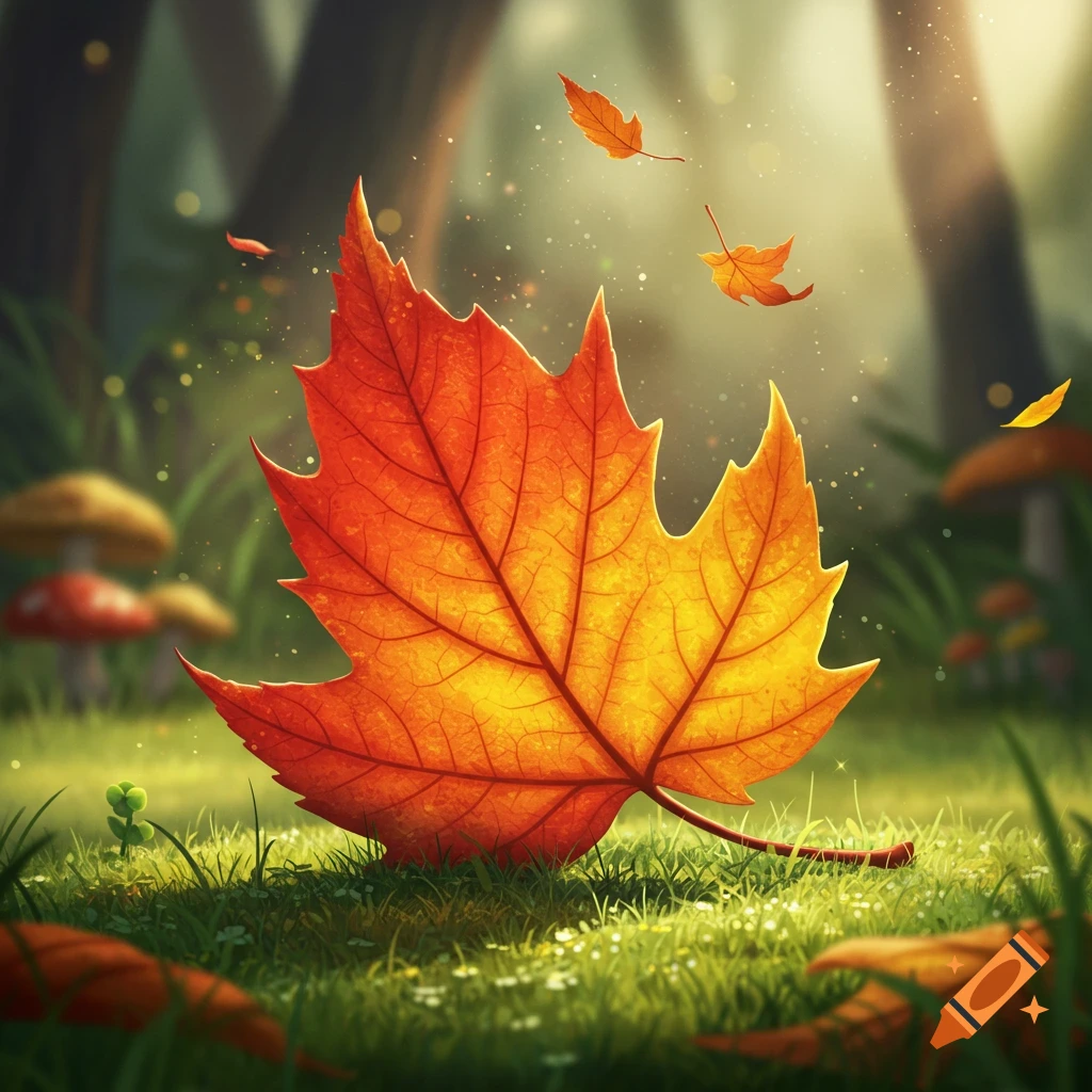A vibrant orange and yellow Disney-style maple leaf lies on sun-dappled grass in a forest, with smaller falling leaves and blurred mushrooms in the background.