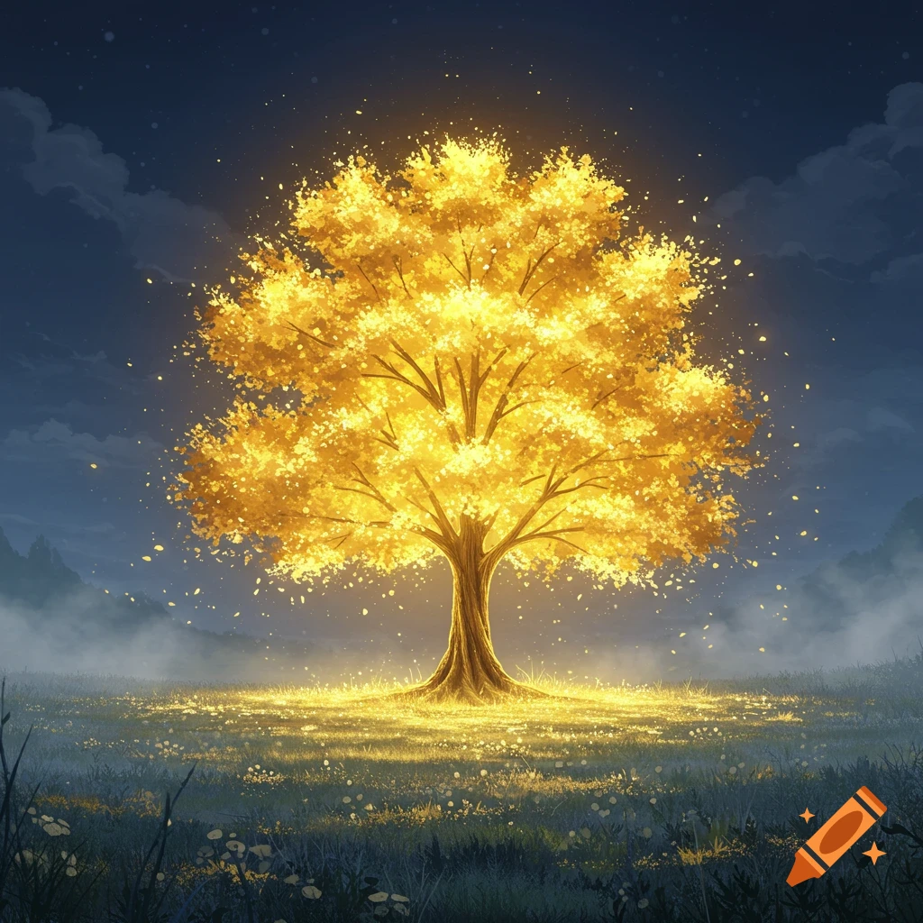 A brilliant golden tree glows brightly in a mystical night landscape with a starry sky and illuminated ground.