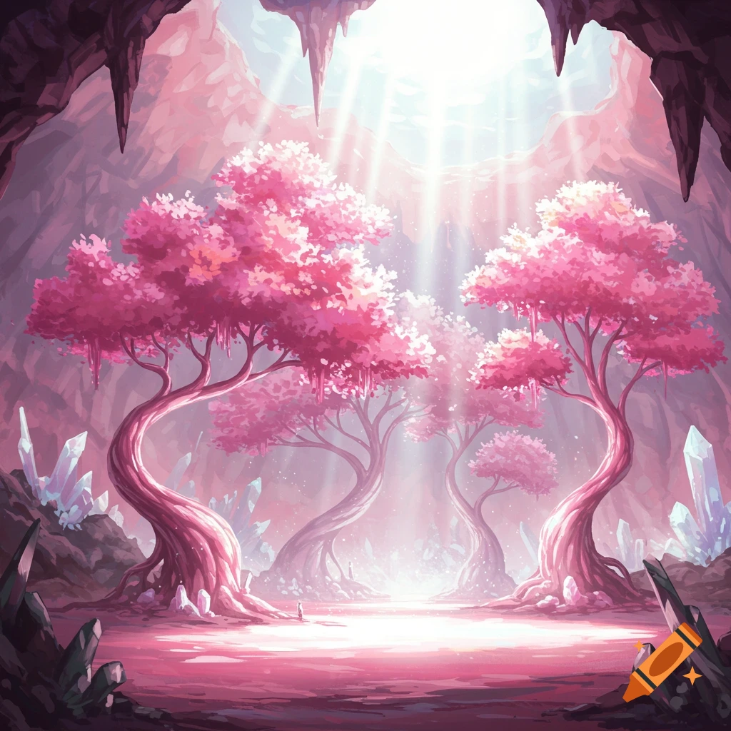 Whimsical illustration of a magical pink cave with glowing cherry blossom-like trees, crystals, and light rays.