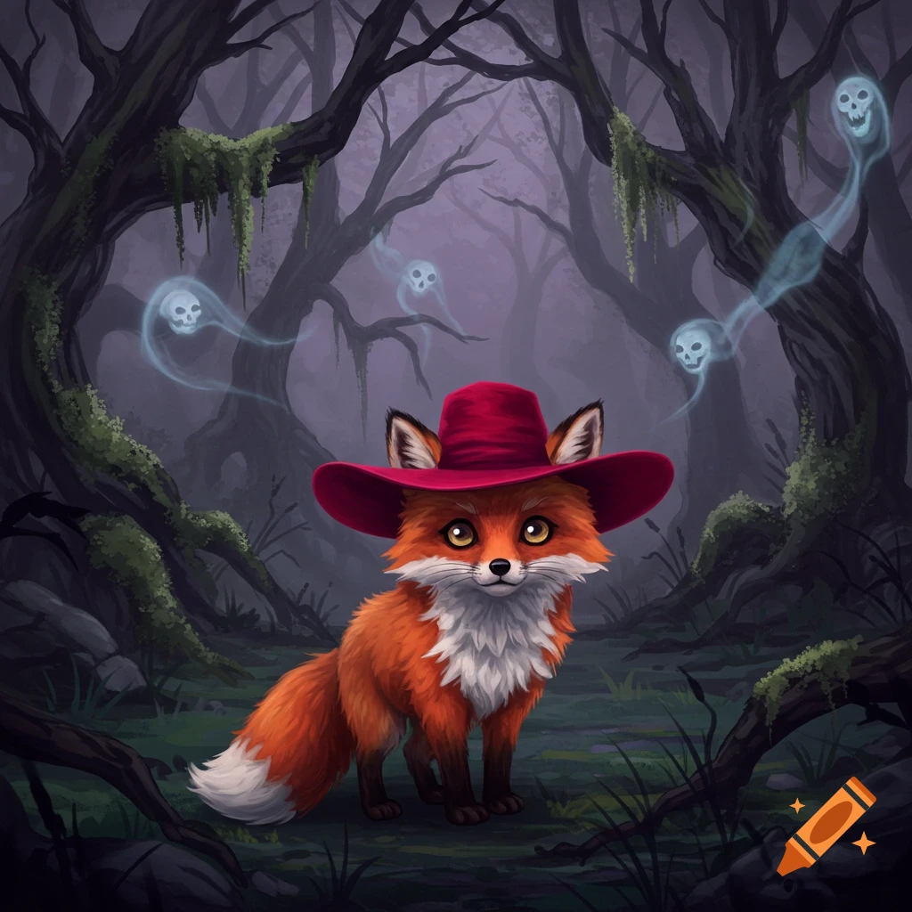An adorable fox in a red hat in a spooky, mossy forest with ghostly skulls, fantasy art.