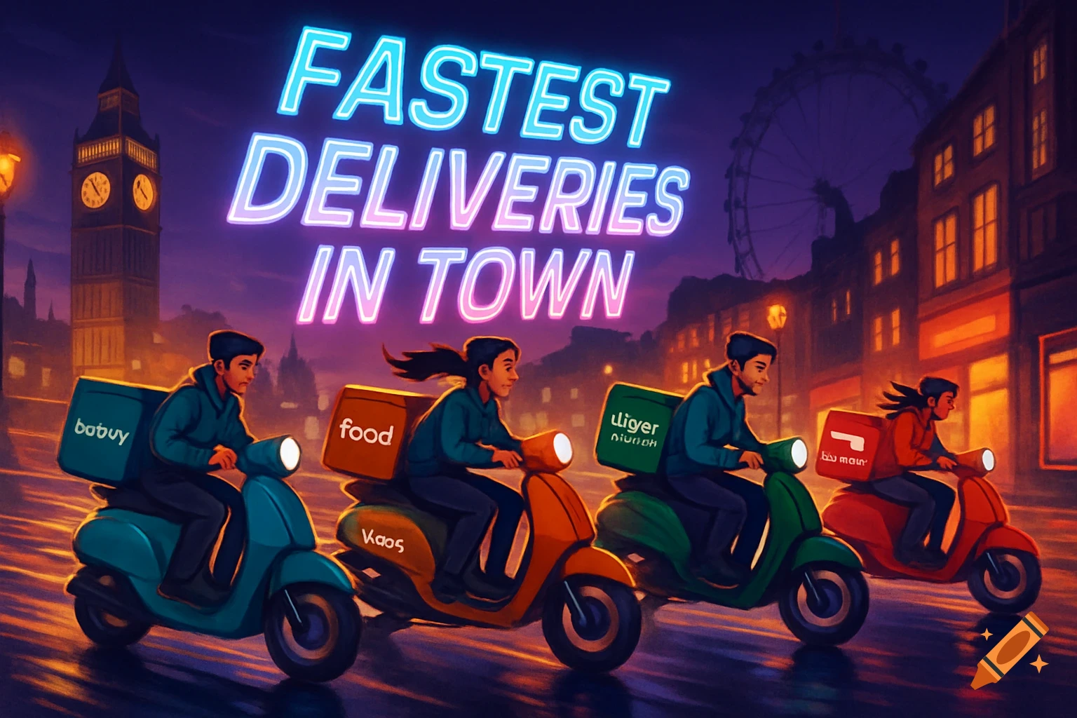 A stylized illustration of four delivery drivers on colorful scooters speeding down a rainy London street at night, with neon text "FASTEST DELIVERIES IN TOWN" above. Big Ben and the London Eye are in the background.