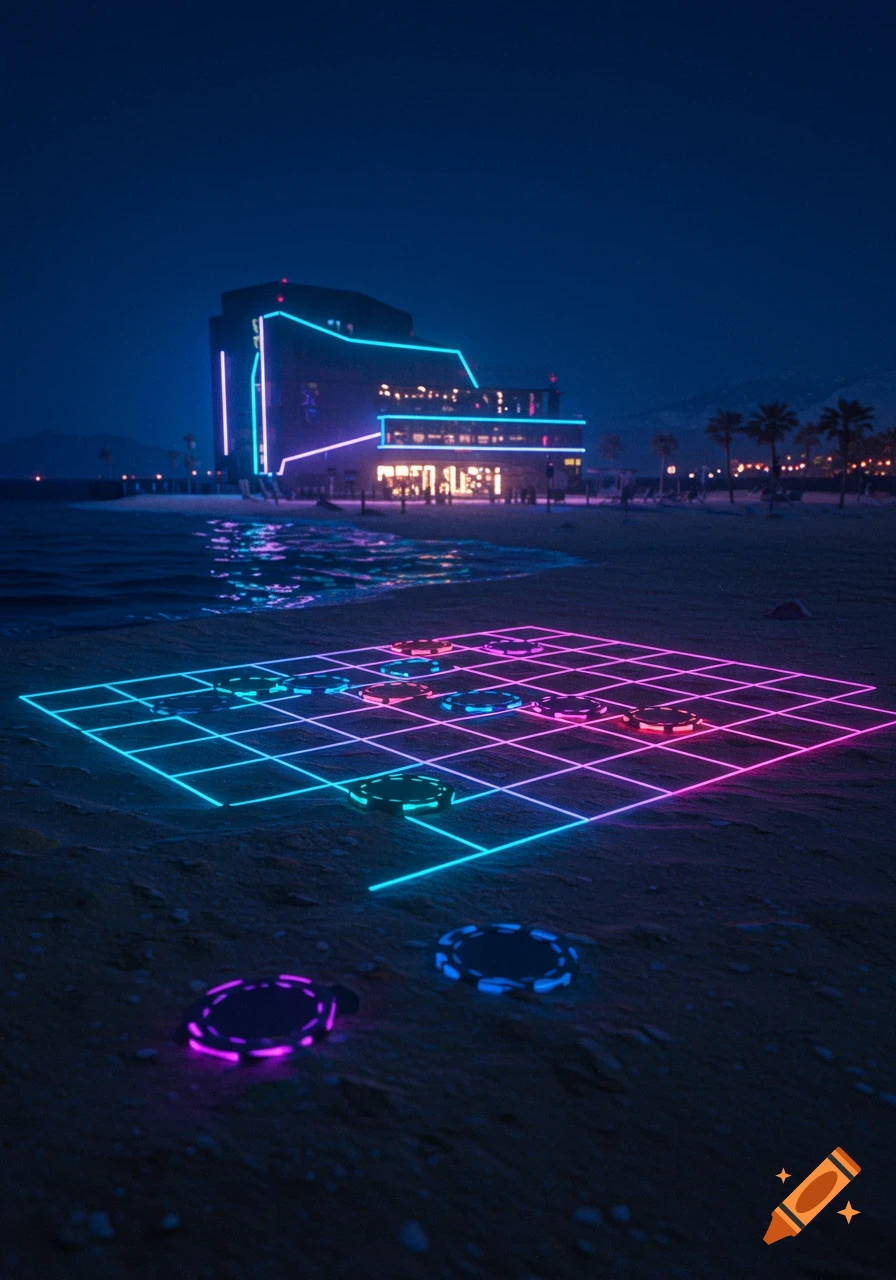 Photorealistic cyberpunk beach scene at night with a glowing modern building and a neon-outlined board game grid on the sand, featuring colorful game chips.