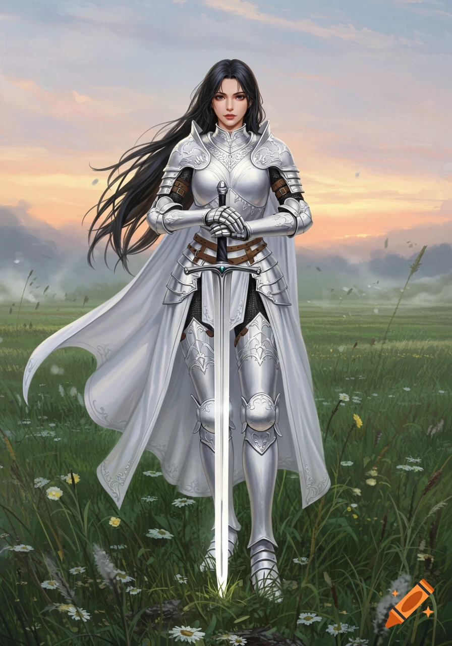 A beautiful young woman warrior in shining white armor stands in a green field with a sword, under a sunset sky.