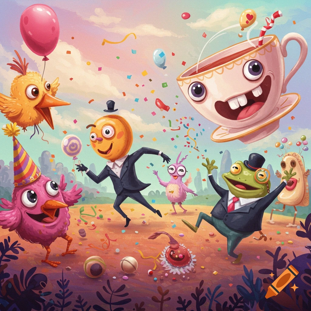 A vibrant illustration of whimsical cartoon characters celebrating outdoors with confetti, balloons, and party hats.