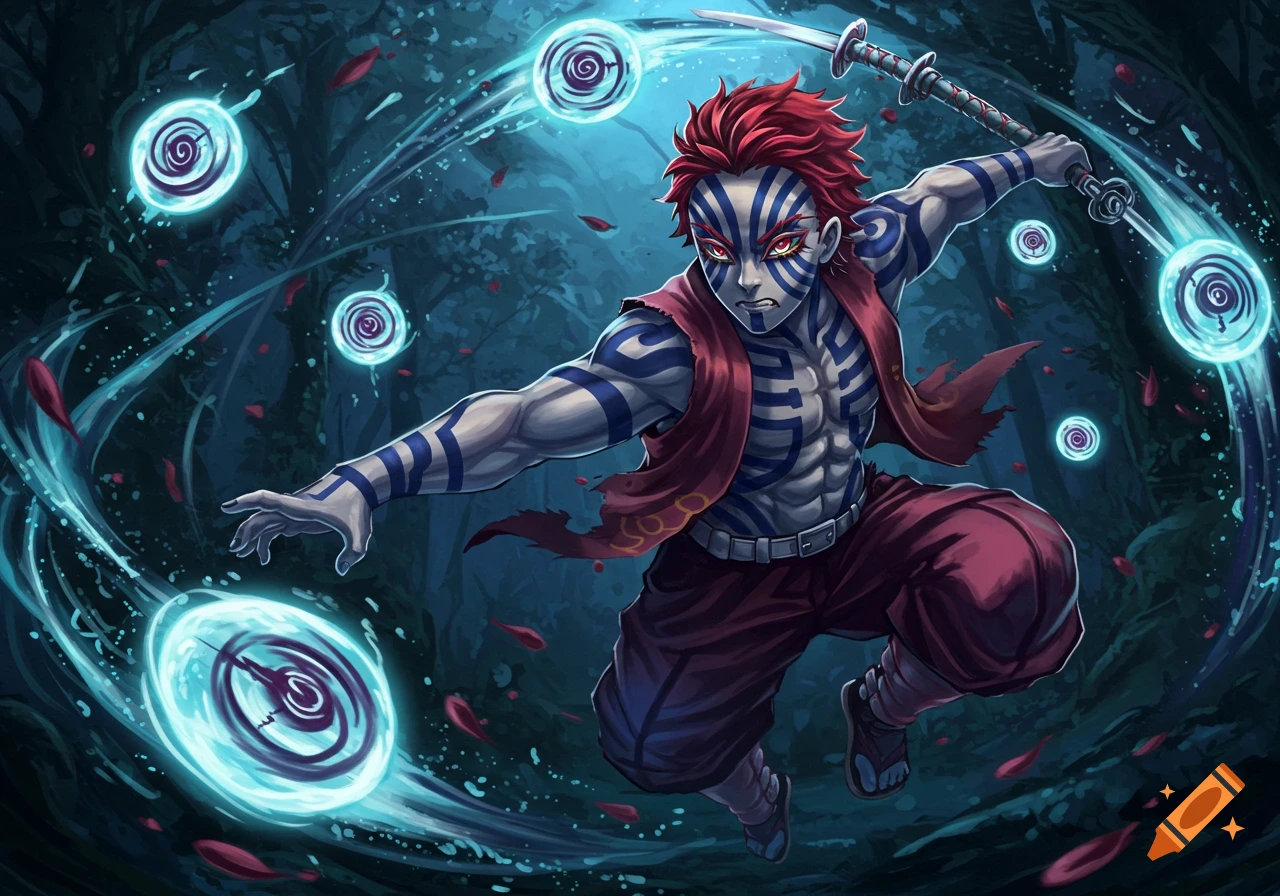 Anime style Akaza, a muscular man with red hair and blue striped tattoos, wielding a katana in a dark forest with blue energy.