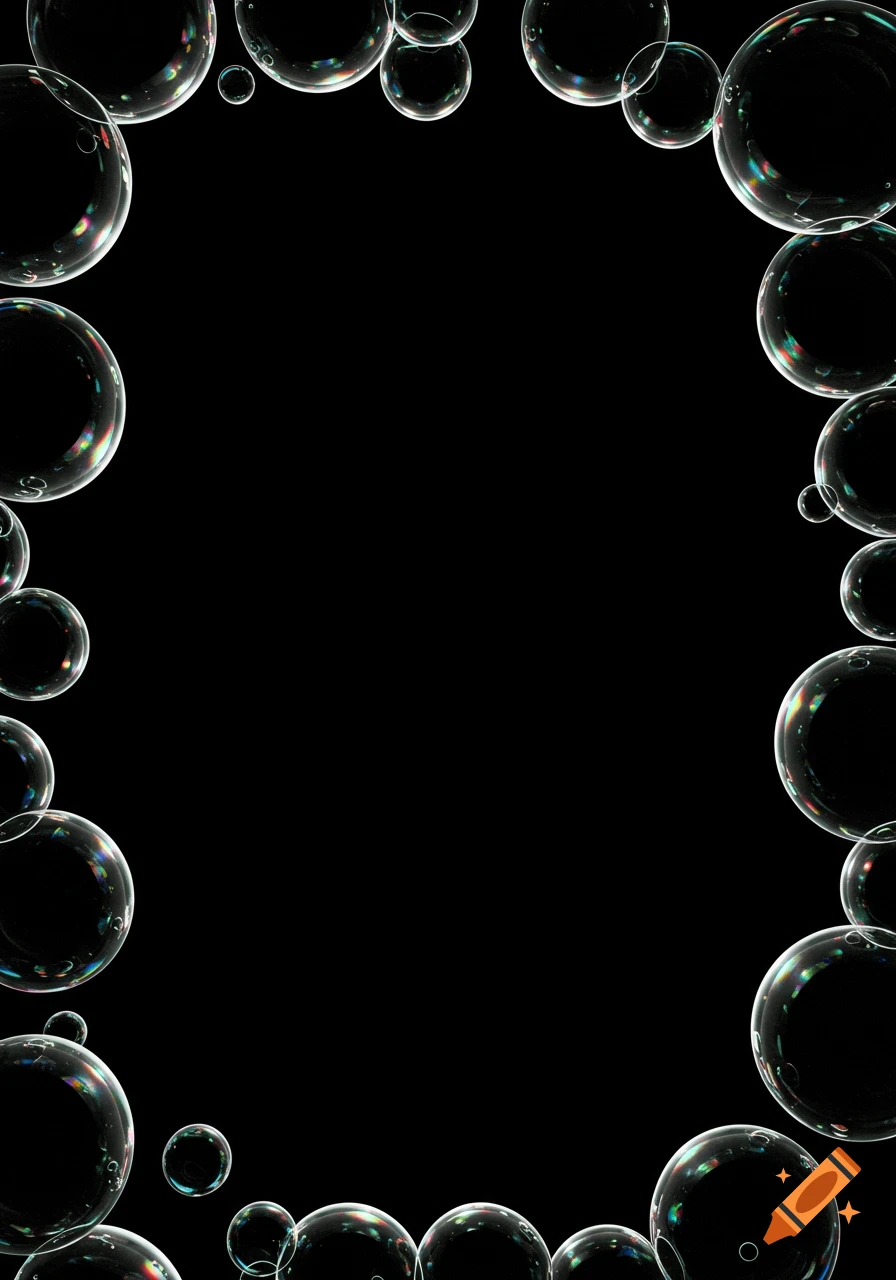 Translucent bubbles with rainbow reflections form an oval border around a solid black background.
