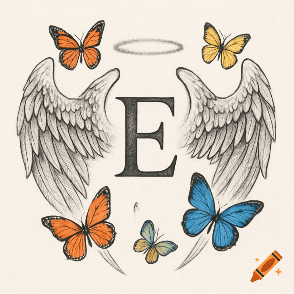 Stylized letter E with angel wings and a halo, surrounded by orange, yellow, and blue butterflies, in a pencil sketch style.