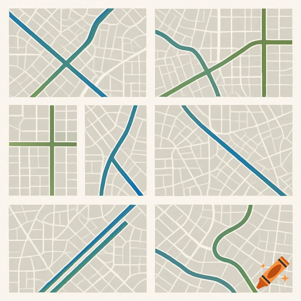A grid of six simplified urban planning maps with street grids and highlighted blue and green corridors.