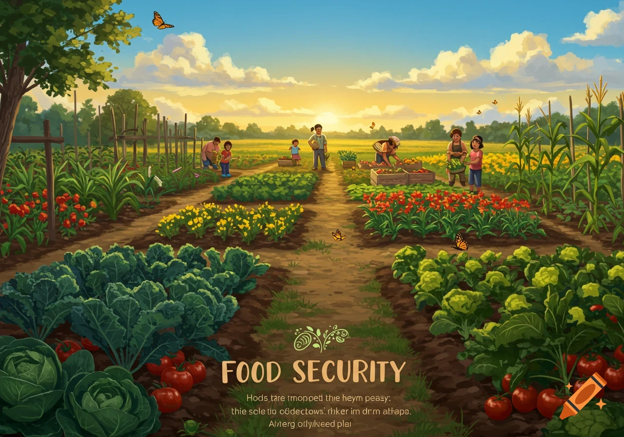 An idyllic illustration of a diverse family harvesting crops in a vibrant, sunlit farm field, with "FOOD SECURITY" text.