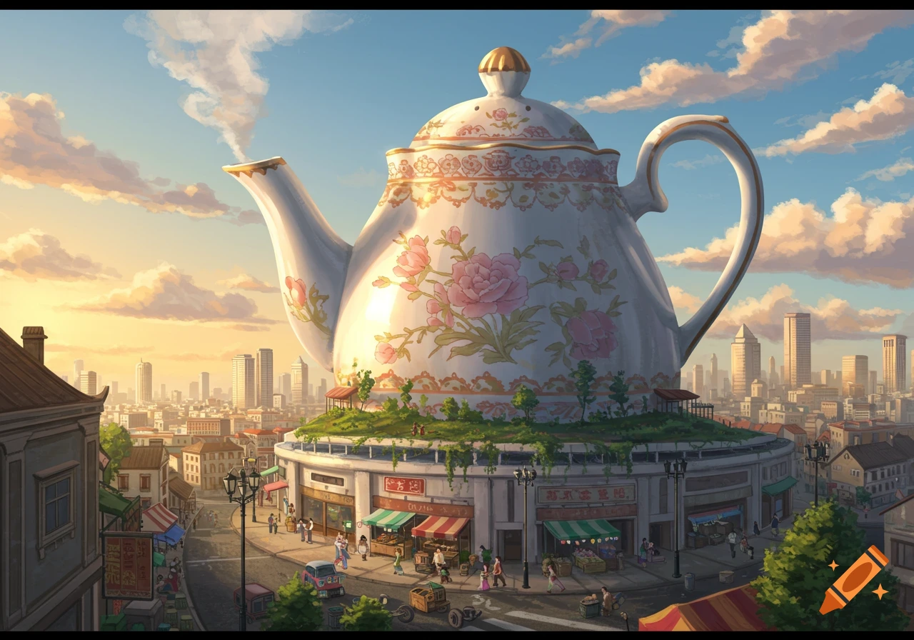 A giant, ornate teapot building with pink flowers stands over a bustling city street under a warm, cloudy sky in an illustrative style.