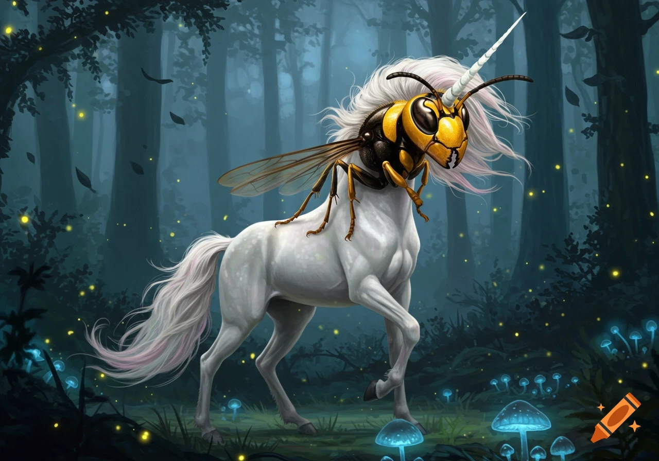 A white unicorn with a hornet's head and wings stands in a dark, glowing magical forest with blue mushrooms and fireflies.