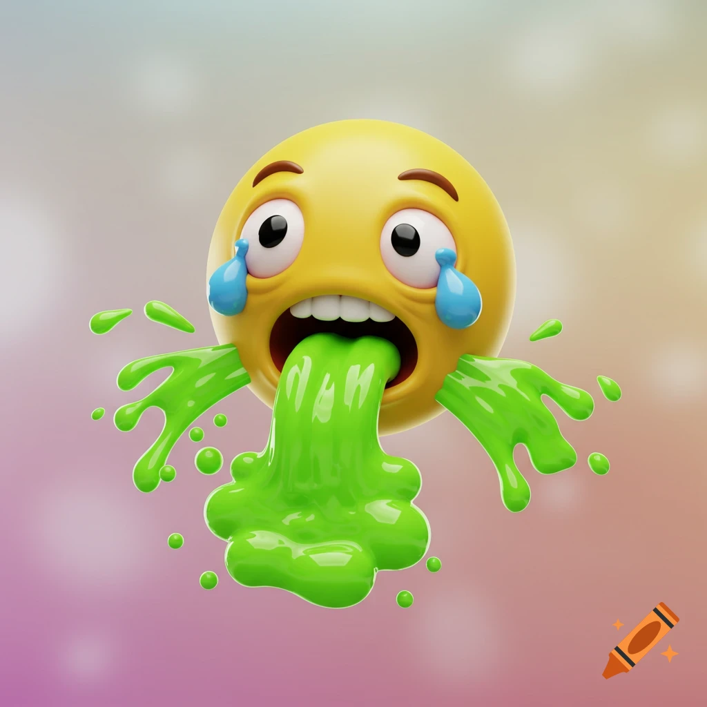 A yellow emoji with wide eyes and blue tear drops, puking bright green slime from its mouth and eyes in a 3D render style.