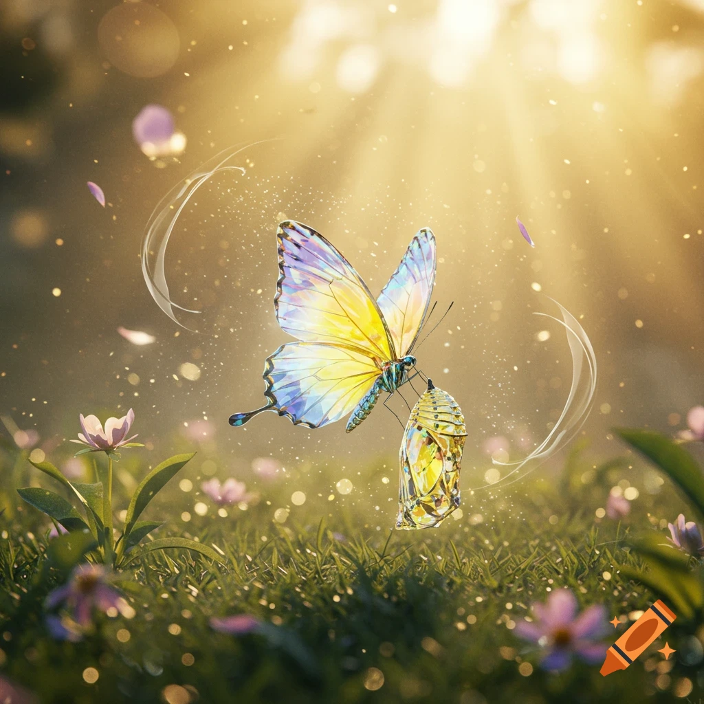A vibrant butterfly emerges from a chrysalis, hovering over sunlit grass and pink flowers with magical sparkles.