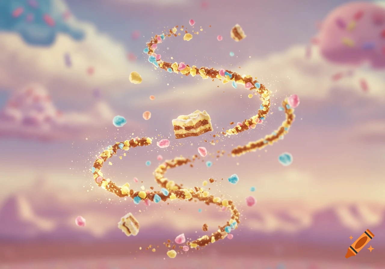 Cake slices and colorful sprinkles float in swirling trails against a soft pink and purple sky with pastel clouds, in a whimsical style.