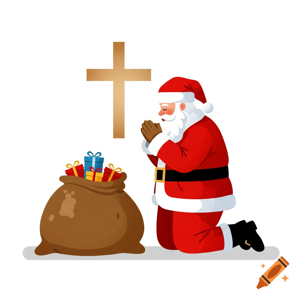 Flat graphic illustration of Santa Claus kneeling in prayer before a cross, with a sack of gifts beside him.