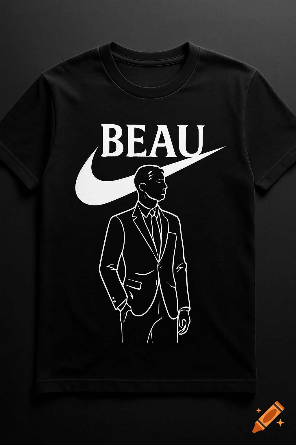 Black t-shirt with white 'BEAU' text, Nike swoosh, and an outline drawing of a man in a suit looking right.