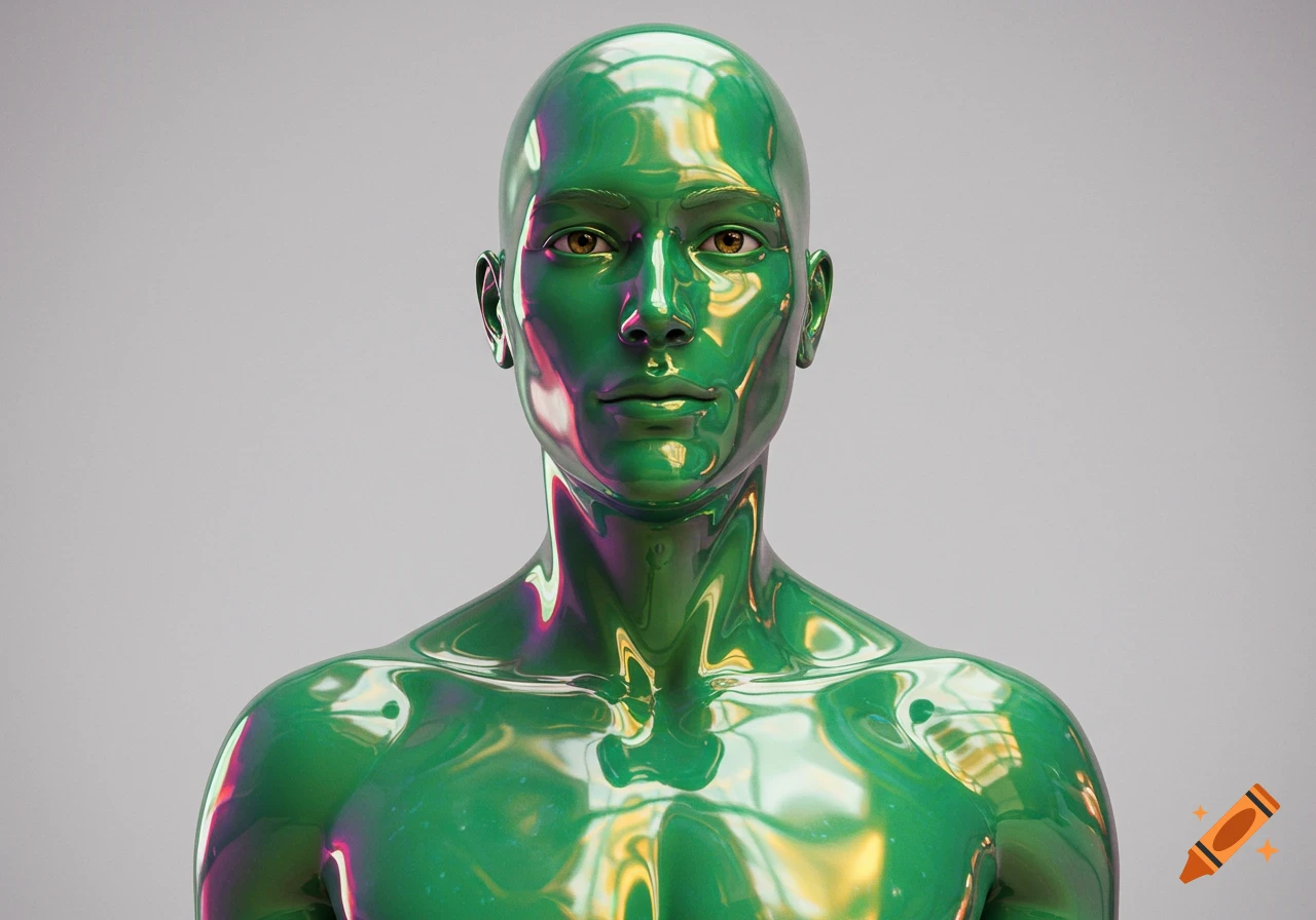 Close-up portrait of a bald, gender-neutral figure with shimmering green, purple, and gold iridescent skin and hazel eyes, photorealistic style.