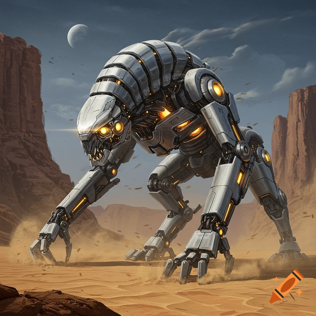 A large, silver metallic beast with glowing orange eyes and joints stands in a vast desert landscape under a cloudy sky with a crescent moon.
