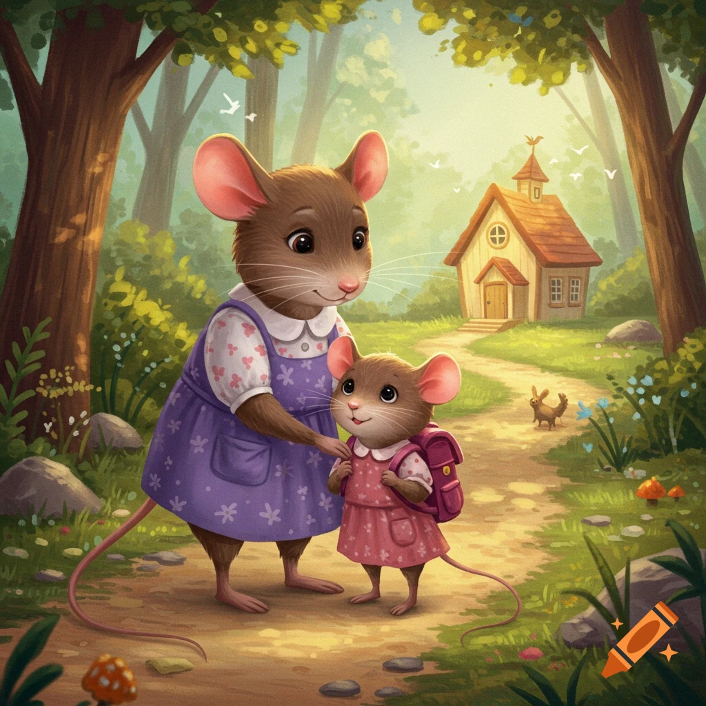 An illustrated mother mouse guides her child mouse, wearing a backpack, down a forest path towards a small house.