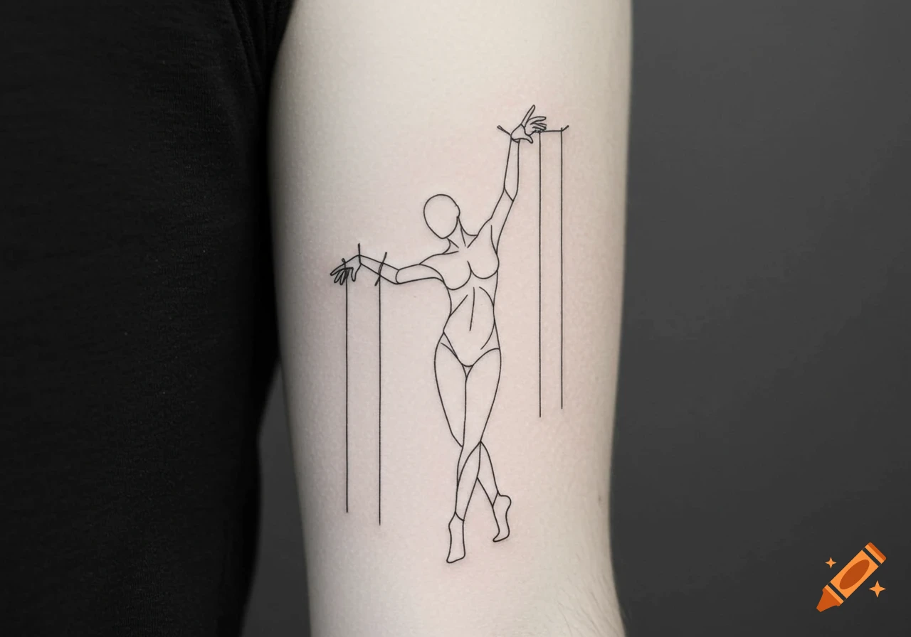 Minimalist line art tattoo on an arm depicting a female figure as a marionette controlled by strings.