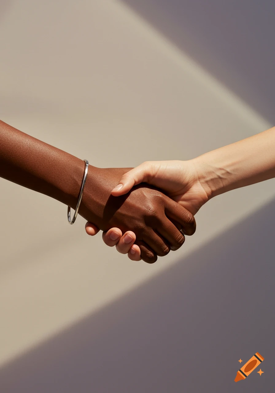 Two hands, one dark-skinned with a silver bracelet and one light-skinned, clasp in a handshake against a beige background.