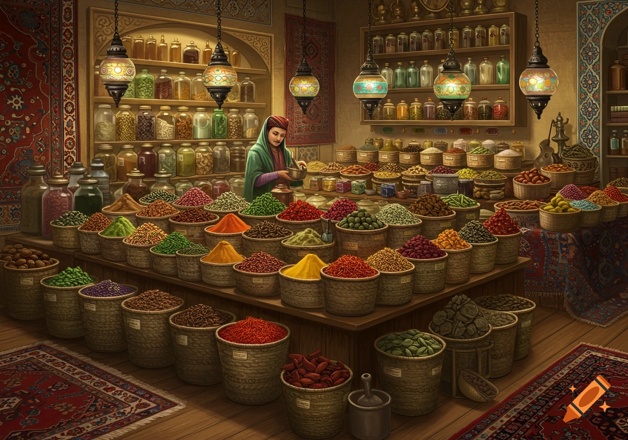 A woman in a traditional spice market tends to numerous baskets of colorful spices, seeds, and dried goods.
