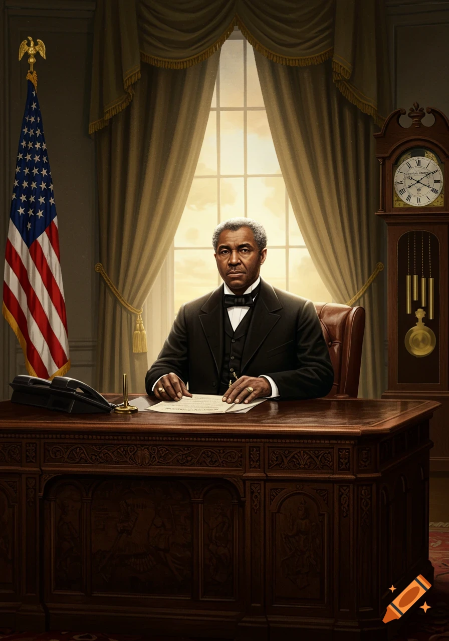 Photorealistic portrait of Booker T. Washington as president, in a suit, sitting at a carved wooden desk with an American flag to his left and a grandfather clock to his right.