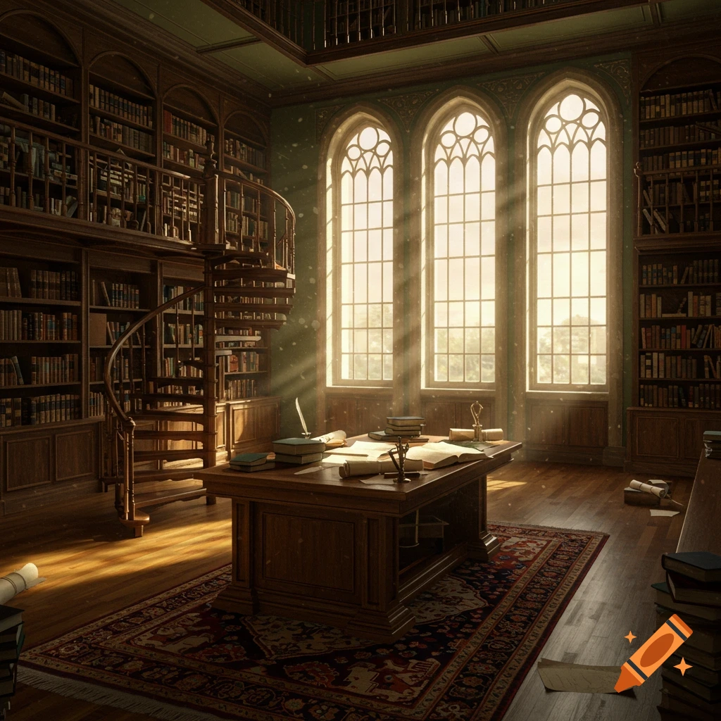 A grand, sunlit old library with tall bookshelves, a spiral staircase, a large wooden desk, and three arched windows.