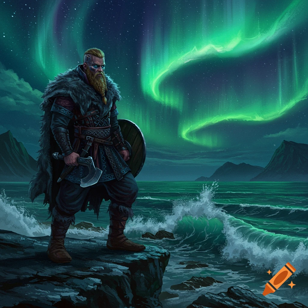 A formidable Viking warrior stands on a cliff by a turbulent sea under vibrant green Northern Lights, holding an axe and shield.