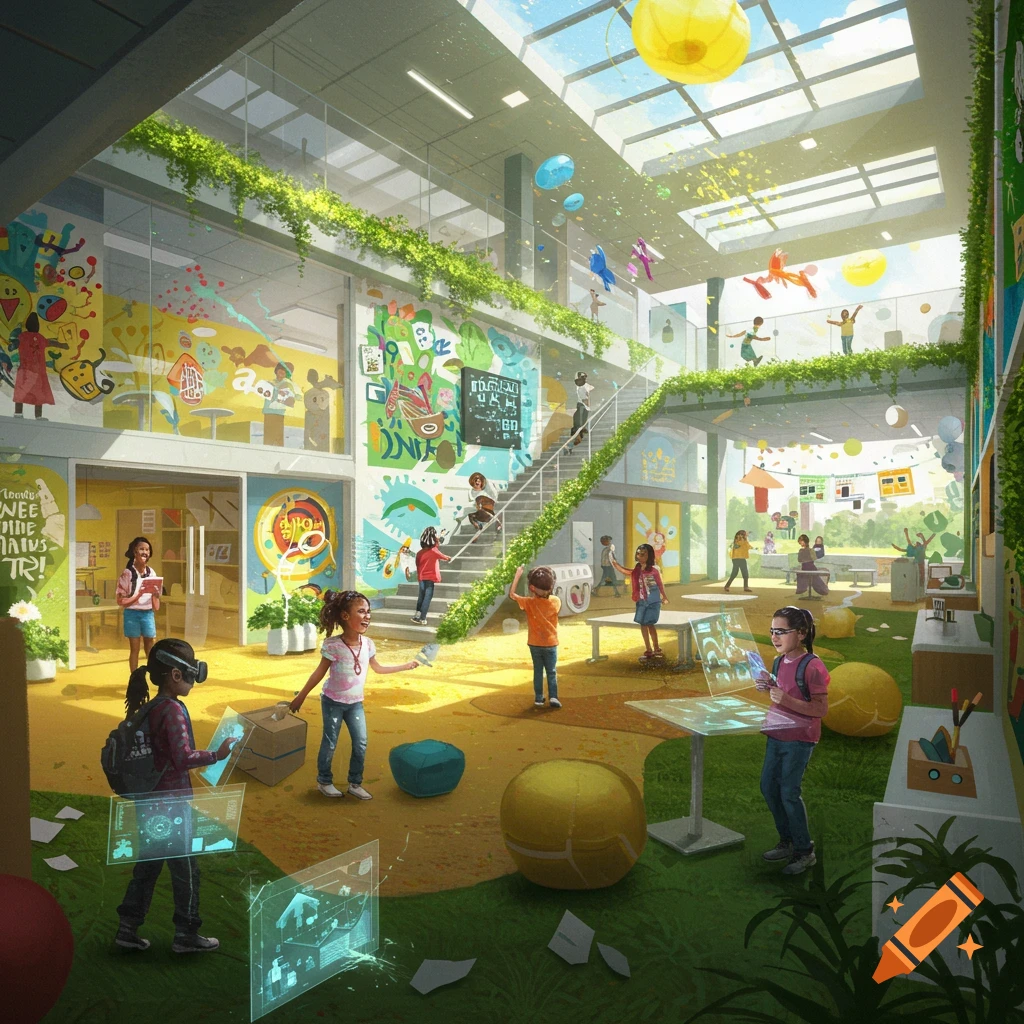 A vibrant, futuristic school where children engage in creative activities and learning. The multi-story building features modern architecture, lush greenery, and large windows.