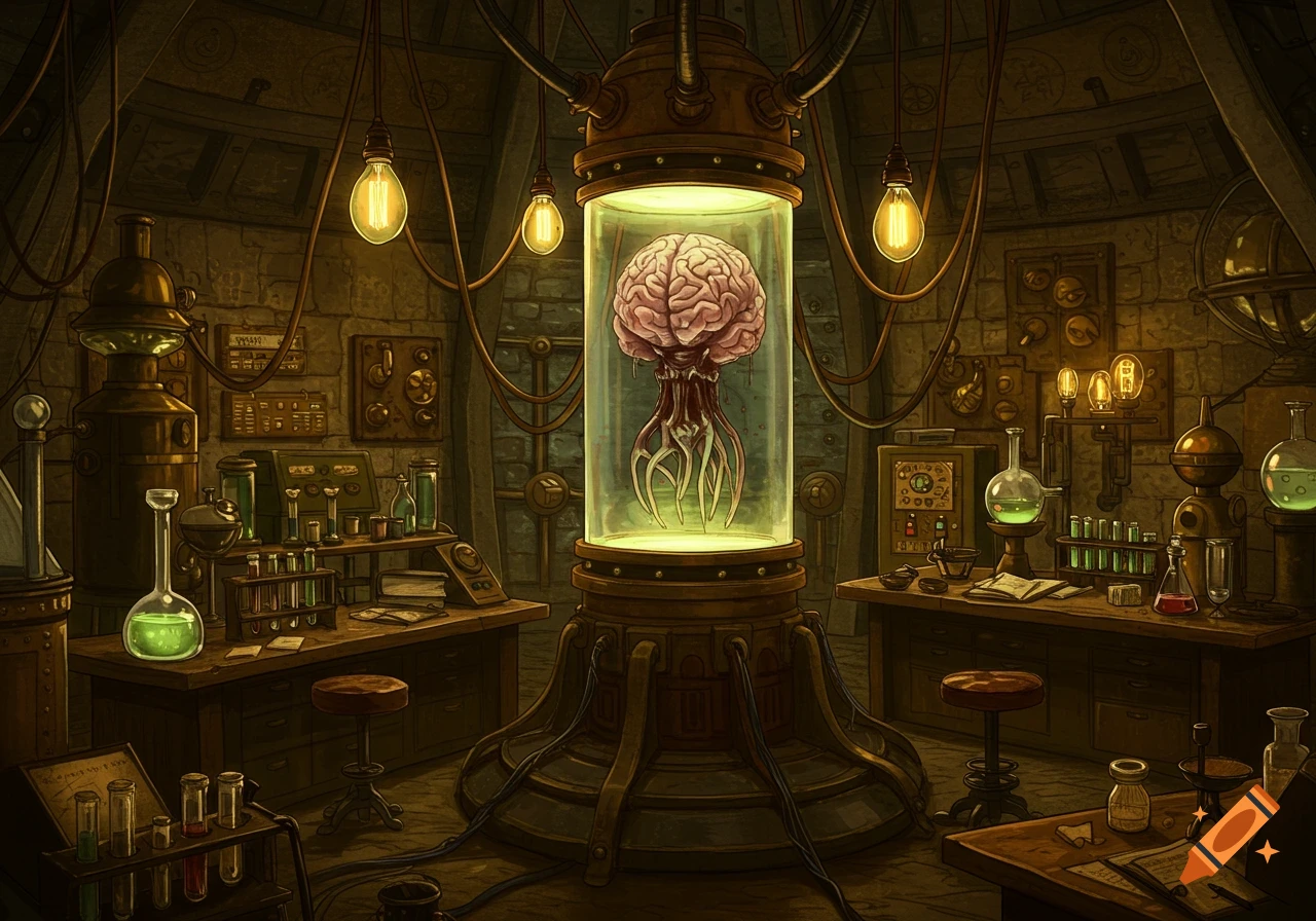 A steampunk laboratory with a glowing brain suspended in a glass cylinder, surrounded by scientific equipment and flasks.