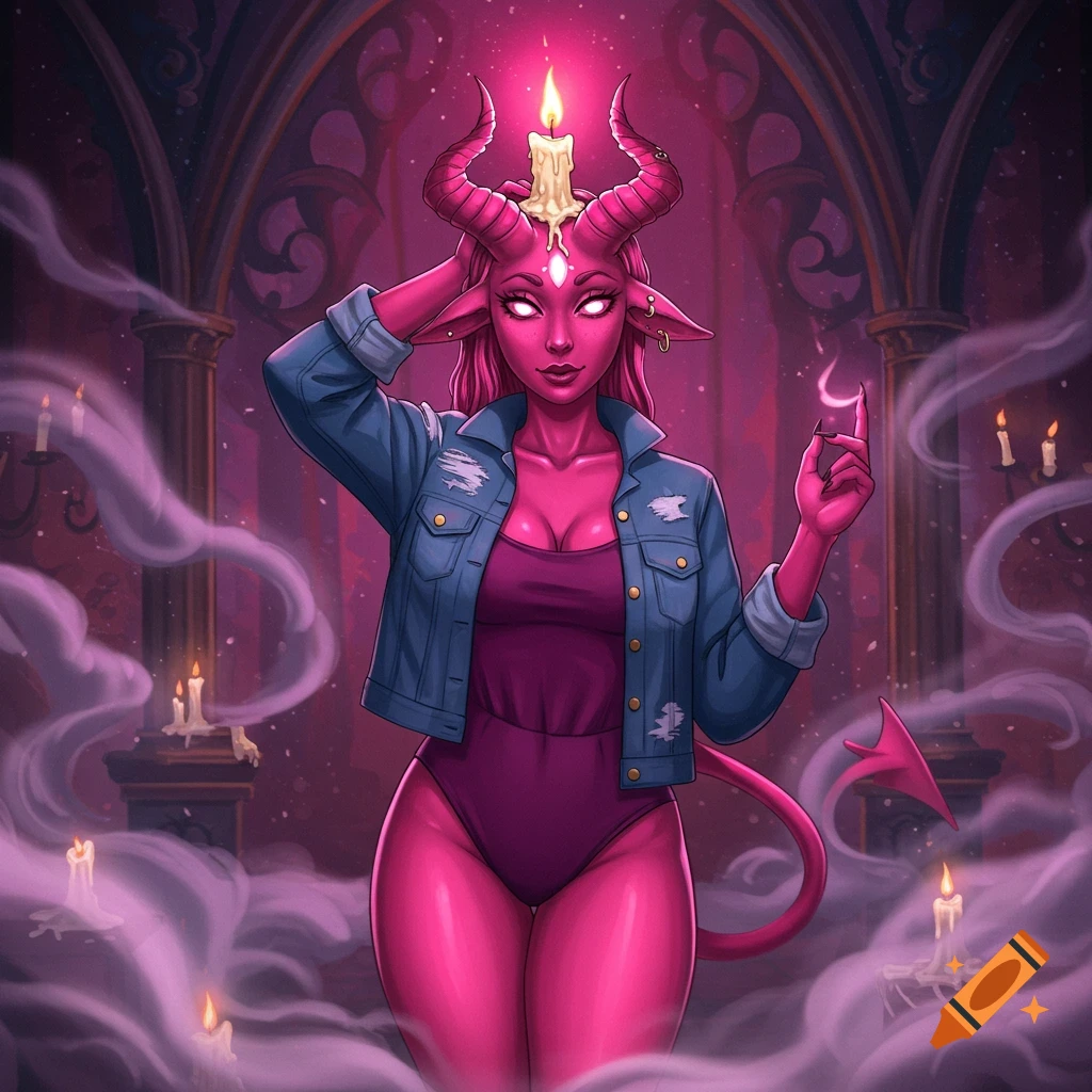 Illustration of a pink female demon with a candle on her head, wearing a purple romper and denim jacket, in a gothic hall.