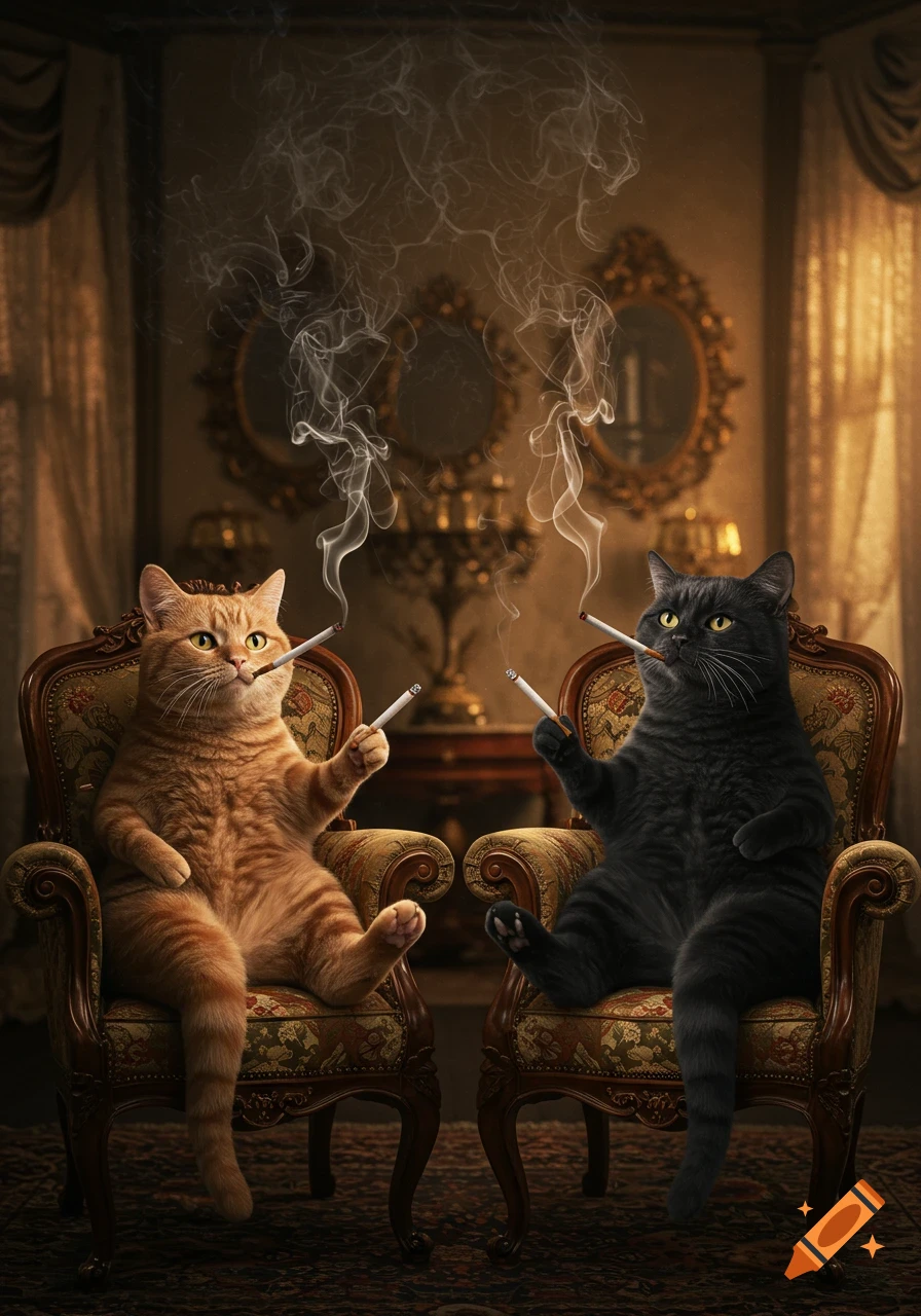 Two photorealistic cats, one orange and one black, sit in ornate chairs in a lavish room, each holding and smoking a cigarette.