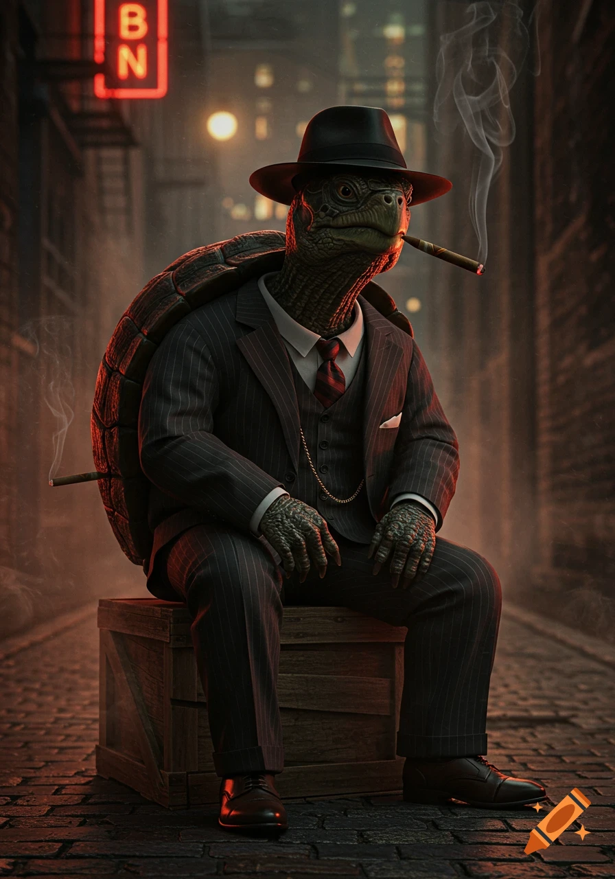 A photorealistic anthropomorphic turtle in a pinstripe suit and fedora, smoking a cigar, sits in a dark city alley at night.