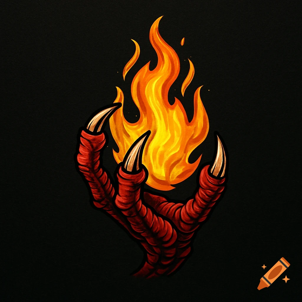 A stylized crimson red dragon claw with sharp claws holding a vibrant orange and yellow flame against a black background.