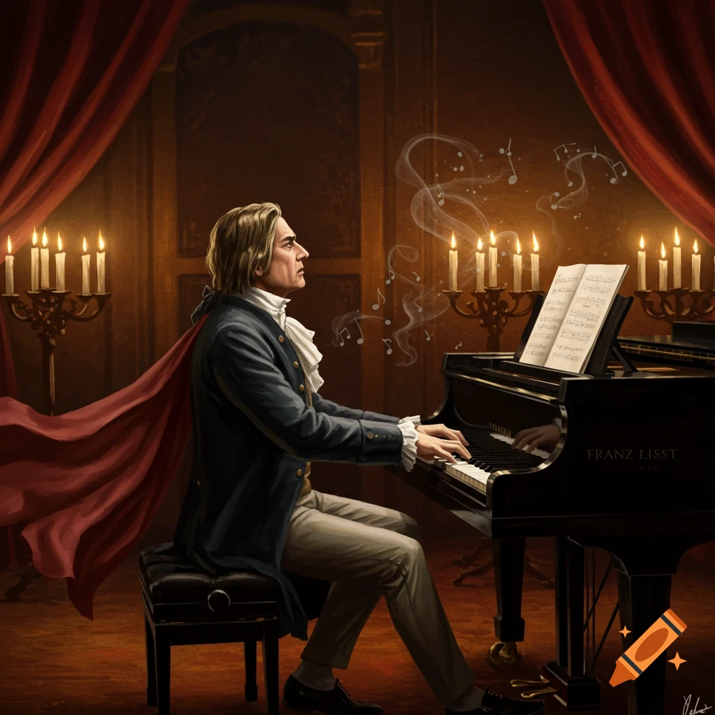 Franz Liszt plays a grand piano in a lavish, candlelit room with red drapes, music notes rising from the keys, in a realistic painting.