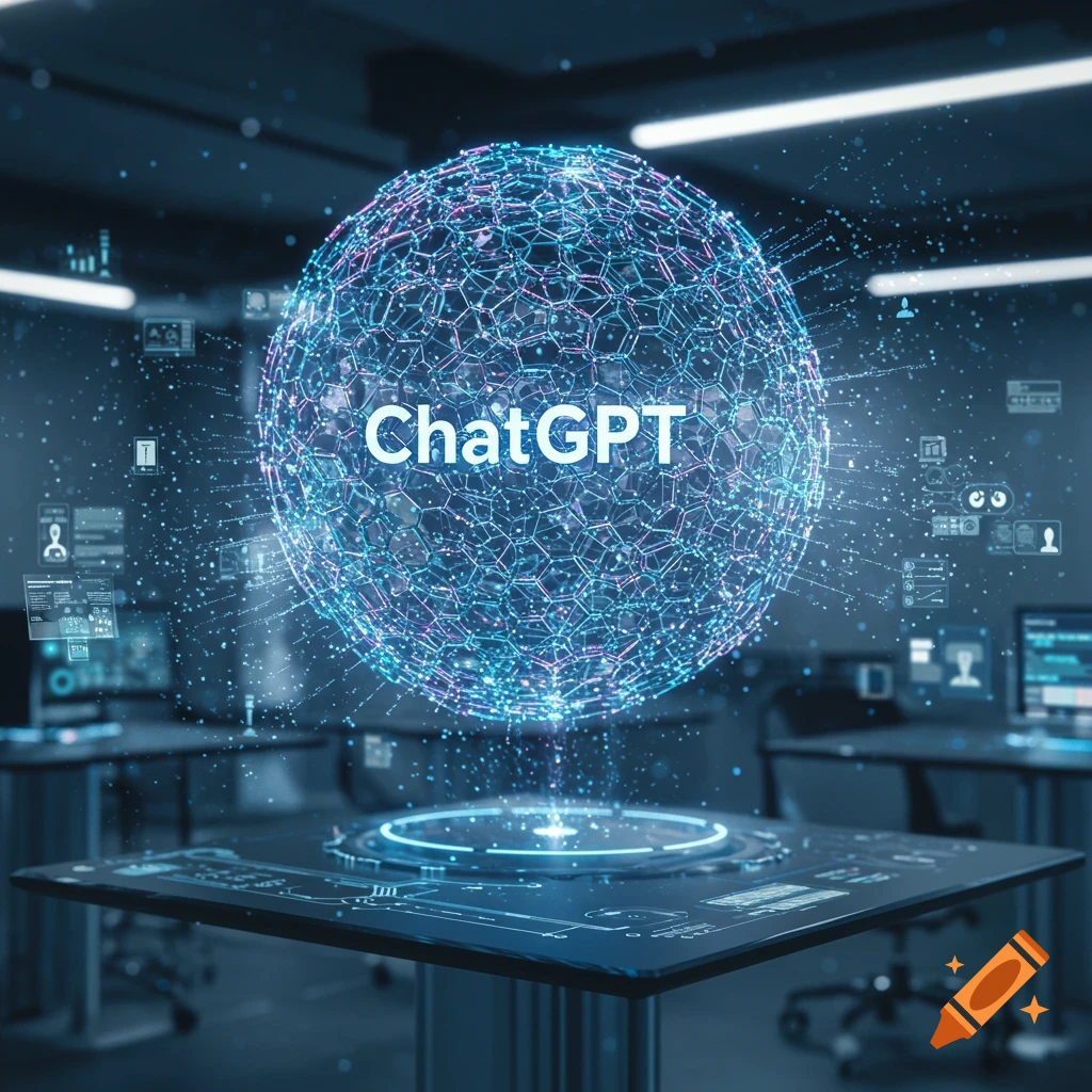 A glowing holographic globe with the text 'ChatGPT' in a futuristic data center or lab, surrounded by abstract digital elements.