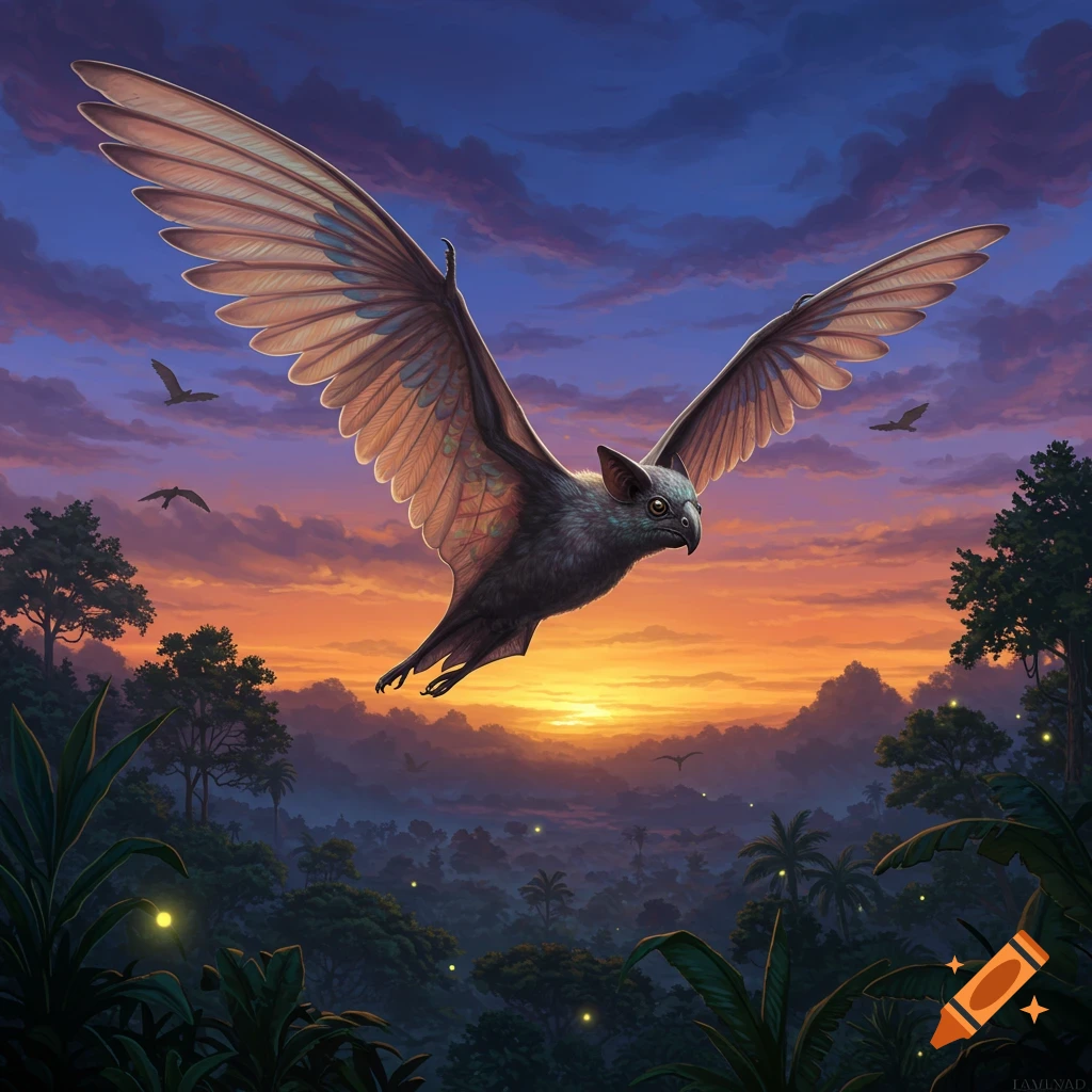A detailed digital painting of a bat-bird hybrid creature flying over a vibrant jungle landscape at sunset.