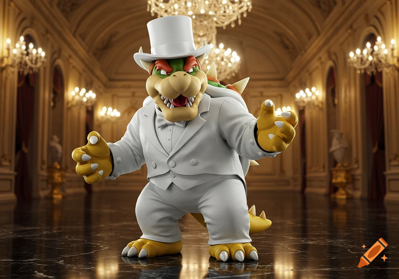 Bowser in a white tuxedo and top hat, standing in a grand, opulent ballroom, a photorealistic 3D render.