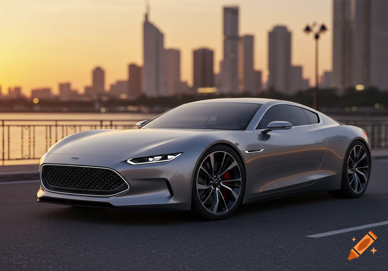 A sleek silver sports car on a road, with a city skyline visible at sunset or sunrise in the background.