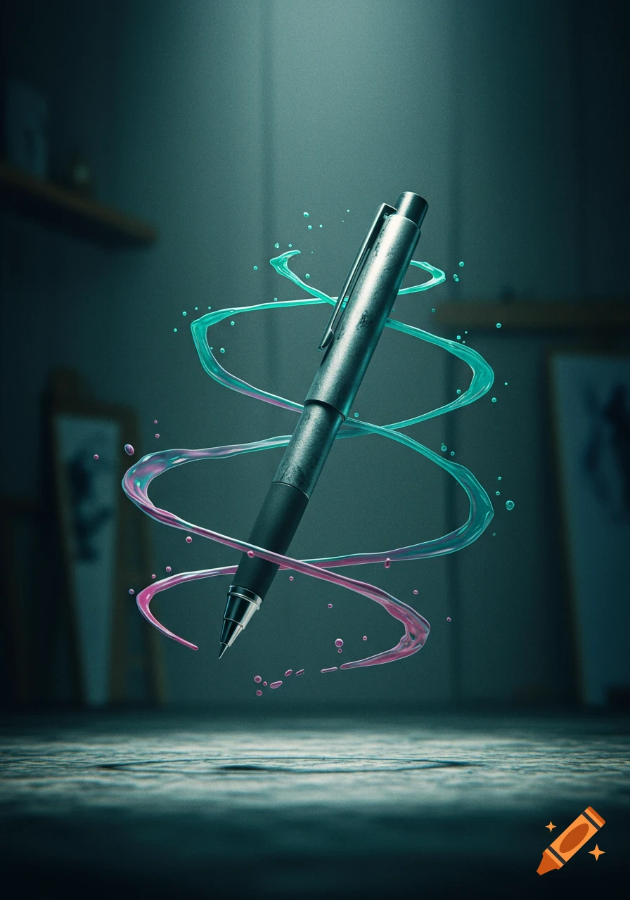 A metallic pen floats amidst swirling teal and pink liquid against a dark, moody background.