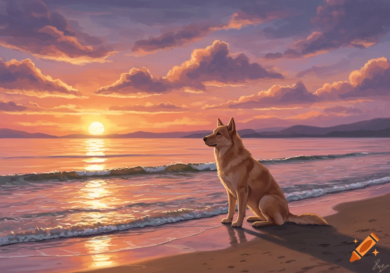 A painted image of a brown dog sitting on a sandy beach, watching a vibrant orange and purple sunset over the ocean.
